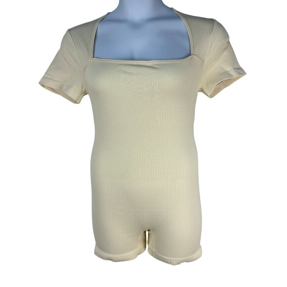 OQQ Womens Short Sleeve Romper XL Stretch Sexy Yoga Ribbed Fit Beige Square Neck - Picture 1 of 10